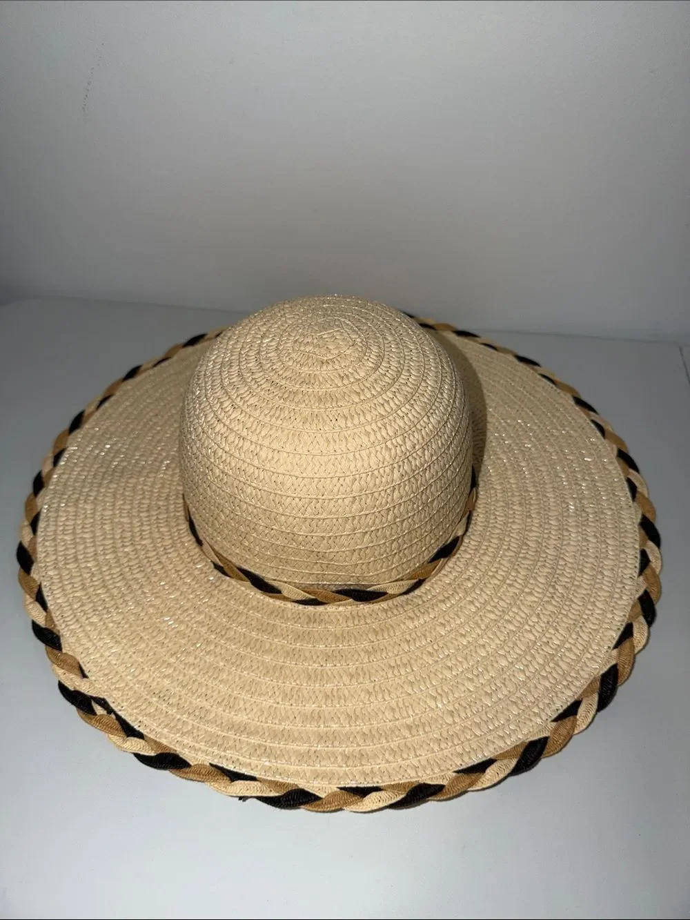 TAHARI Beige Tan Black Braided Detail Floppy Straw Hat